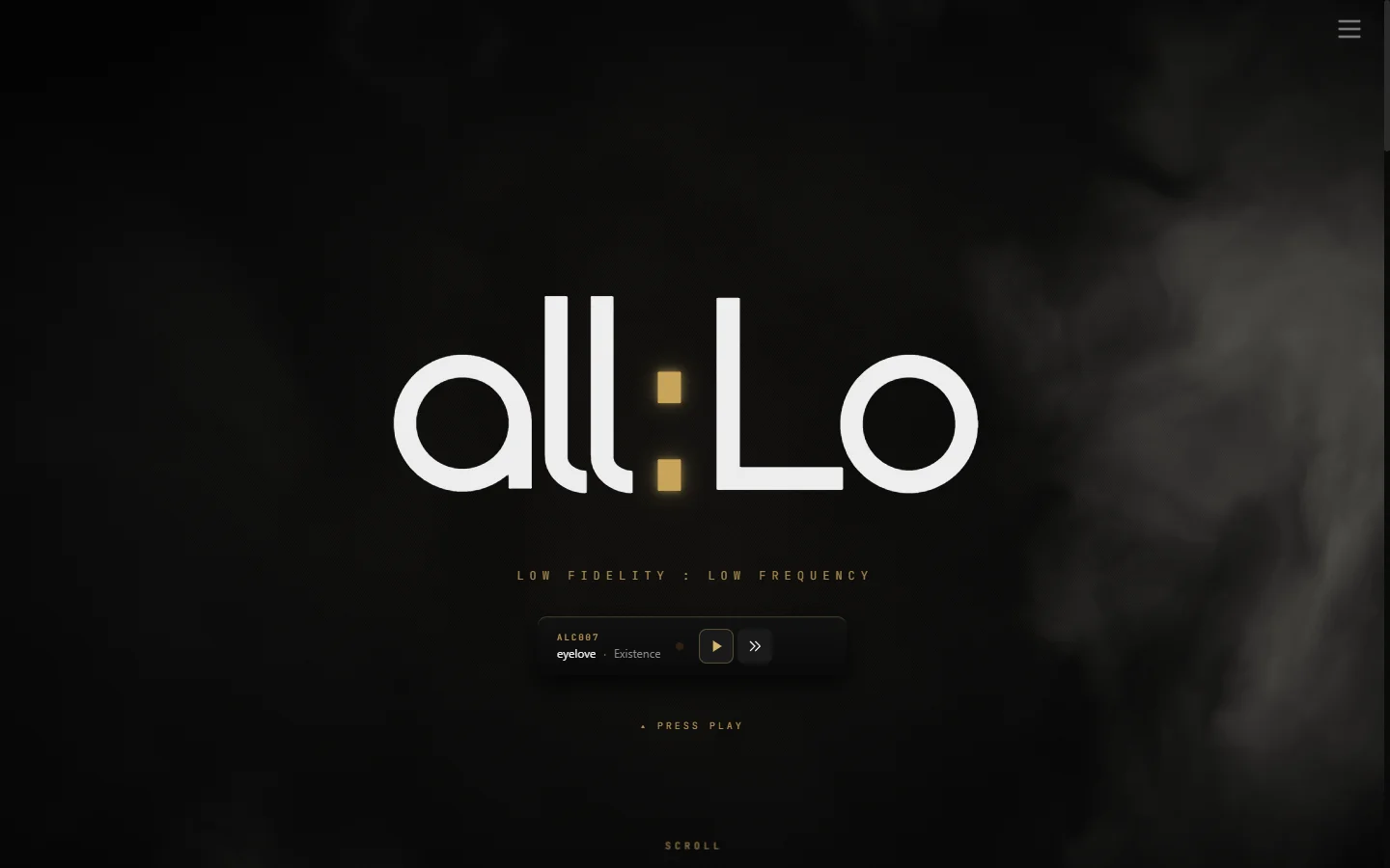 all:Lo site at rest, showing the audio-reactive smoke field, the all:Lo wordmark, and player controls.