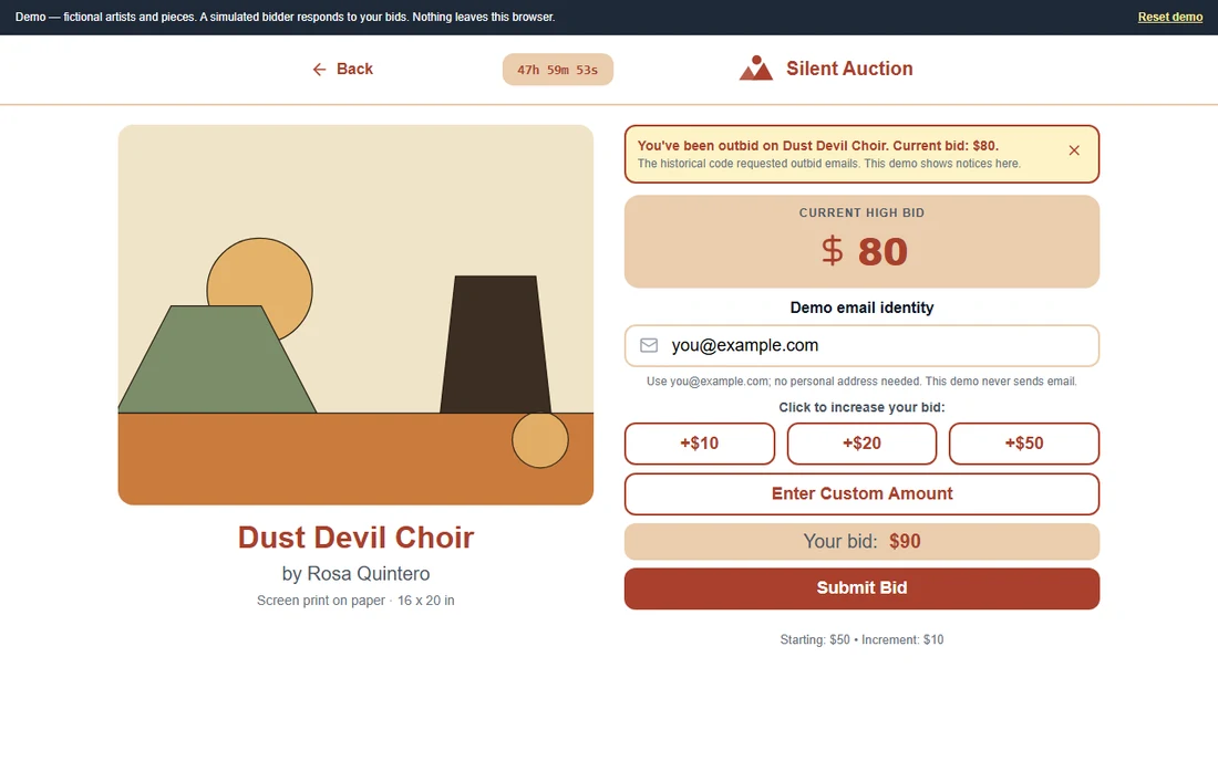 Silent-auction demo showing an artwork, a simulated outbid notice, the updated current bid, and controls to bid again.
